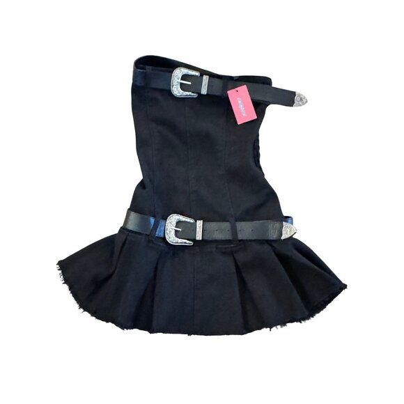 Edikted Black Denim Corset Mini Skirt S Belted Western Silver Buckles Washed - Picture 1 of 8